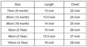 Kids size chart